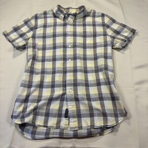 Grayers Men's Sz Med Shirt Short Sleeve Button Up Navy Yellow Gray Plaid Checker